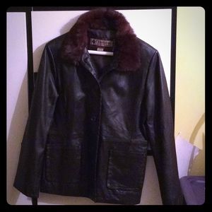 Dark brown genuine leather coat with fur collar